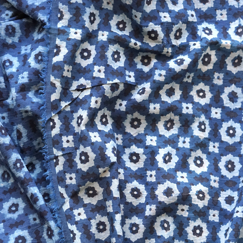 Star Indigo Dyed Clay Printed Ajrak Cotton Fabric