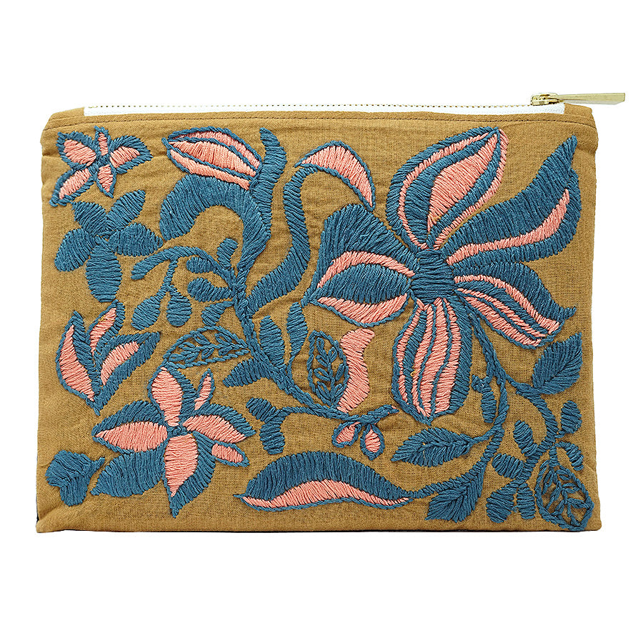 Teal Lilies Hand Embroidered Pouch Bag