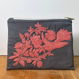 Bird Peonies Grey Hand Embroidered Pouch Bag